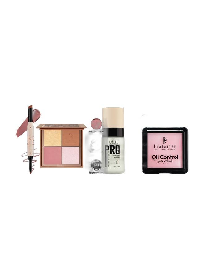 Character 4 Color Blush & Highlighter Palette & Character Pro Lock Setting Spray & Character Two In One Lipstick & Lipliner & Character Oil Control Setting Powder Bundle - Image 1